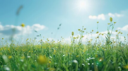 Summer field with tall grasses with flower. Open field with wild flower and butterfly. Sunny day wide blue sky