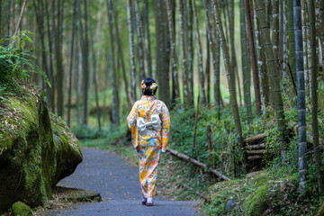 Asian woman try to wear Japanese kimono in the bamboo forest