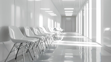Sleek Hospital Interior: Empty Corridor with Patient Seating
