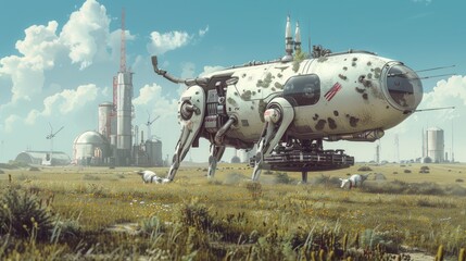 Retro futuristic farm atmosphere with robot animals in the savanna.