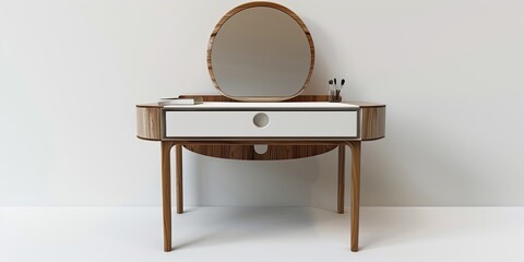 Fototapeta premium Color photo of a modern minimalist-style vanity table, featuring a simple and elegant color scheme, showcased in a captivating frontal view.