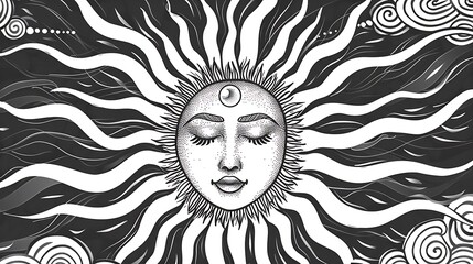 Obraz premium outline, illustration, sun, symbol, vector, design, background, drawing, abstract, element, isolated, white, icon, doodle, moon, star, sunbeam, tattoo, weather, sunlight, art, cartoon, light, modern, 