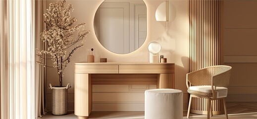 Color photo of a modern minimalist-style vanity table, featuring a simple and elegant color scheme, showcased in a captivating frontal view.