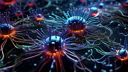 abstract microscopic view on nerve cells intermingled with cancer cell