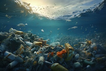 Dramatic underwater scene showing marine pollution with plastic debris and trash
