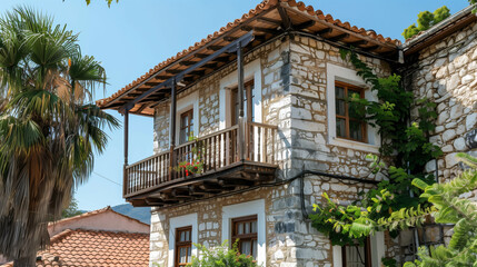Fototapeta premium Charming Stone House With Balcony and Lush Greenery