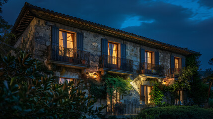 Charming Old Stone House With Warmly Lit Windows at Night