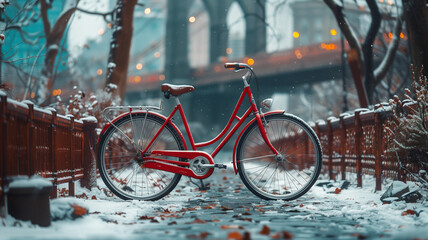 Bicycles and bikes, vintage and new, rest in the snow-covered park under the shade of trees