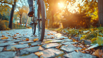 Autumn leaves on a tree in the park with bicycles nearby