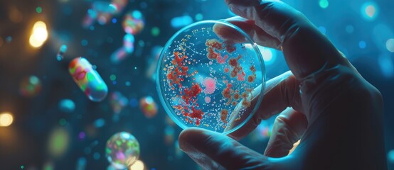Abstract closeup of human hand holding petri dish with colorful micro organic materials in laboratory background, futuristic technology concept for medical research and science development