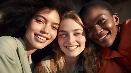 Obraz premium A close-up photo of three diverse female friends with infectious smiles, their eyes sparkling with joy.