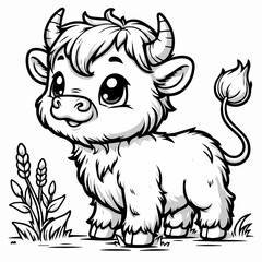 Fototapeta premium Baby Highland Cow Coloring Page Line Art Black and White