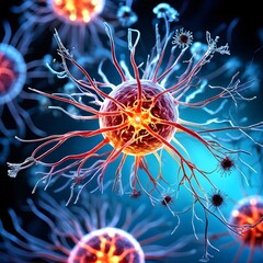 abstract microscopic view on nerve cells intermingled with cancer cell