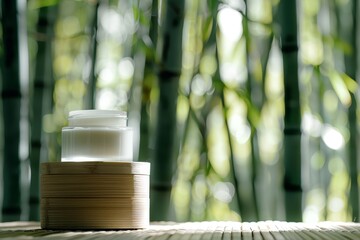 a bamboo forest in the background and an open jar of face cream placed on top, with a white color...