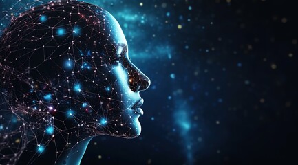 Abstract mash line and point human Brain. Low poly Neural network. IQ testing, artificial intelligence virtual emulation science technology concept.