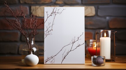 A white empty blank frame mockup standing on a marble countertop with soft diffused lighting.