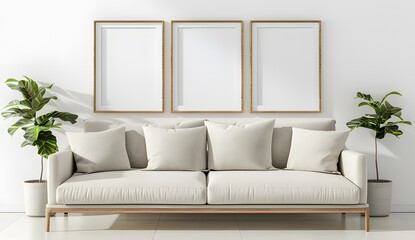 A beige sofa in a minimalistic interior with three blank picture frames on a white wall mockup ai generative