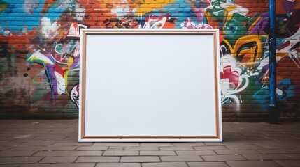 A white empty blank frame mockup leaning against a vibrant graffiti wall in an urban alleyway, capturing the street art scene.