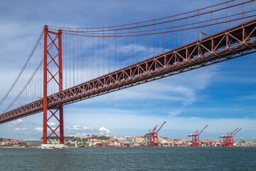 The 25th April Bridge, connecting the city of Lisbon, capital of Portugal, to the municipality of Almada over the Tagus River