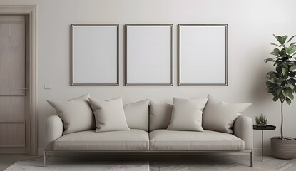 A beige sofa in a minimalistic interior with three blank picture frames on a white wall mockup ai generative