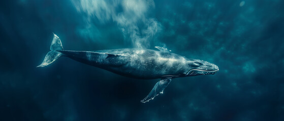 Fototapeta premium A solitary blue whale swimming through the open ocean, its massive body dwarfing everything around it, Top view