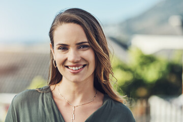 Happy, woman and portrait outdoor with rooftop, smile and work break with urban travel. City, summer and creative professional in Sweden with confidence and sunshine with vacation and holiday trip