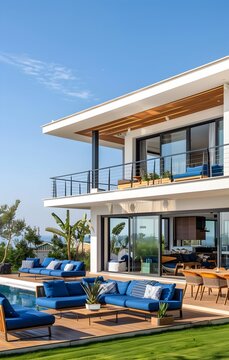 Modern house with blue sofas on the terrace, swimming pool and garden in kib pansh farmstion in israel