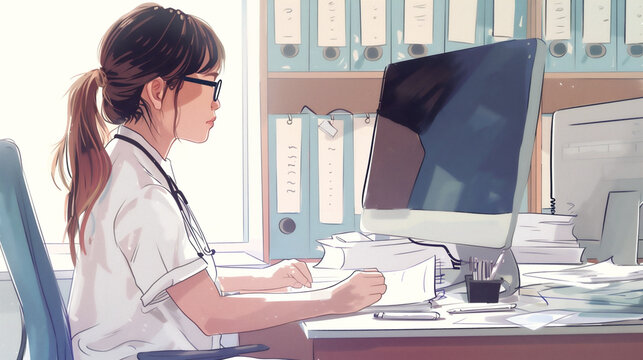 Image of an Asian girl. She is a medical student in a medical gown and with a stethoscope, working on a computer in her free time.