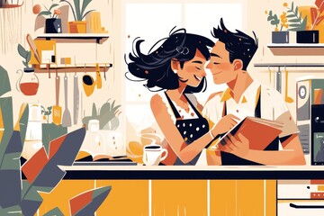 Fototapeta premium Romantic Couple Enjoying Coffee and Cooking Together in a Cozy Kitchen