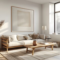 A beautiful and modern living room with a white sofa ai generative
