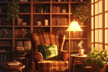 Cozy Reading Corner in a Coffee Shop with Bookshelf, Comfortable Armchair, Steaming Coffee, and Vintage Lamp