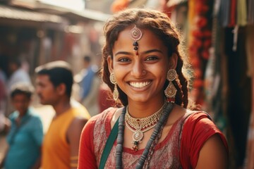 Young woman with joyful expression wearing ethnic jewelry at a bustling outdoor market