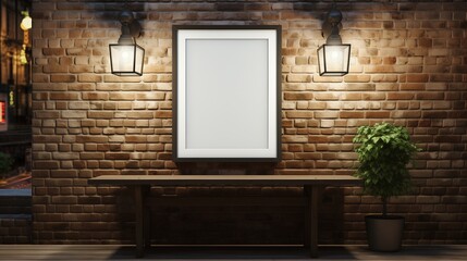 A white empty blank frame mockup mounted on a brick wall in a narrow cobblestone alleyway with charming old street lamps.