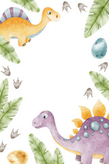 Cute baby dinos, footprints, eggs and leaves. Childish background of dinosaurs. Watercolor Frame for design kid's goods, baby shower, cards, scrapbook, office supplies © Fedulova_art