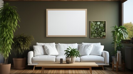 A white empty blank frame mockup placed on a wooden desk in a home office, with a laptop and a potted plant nearby.
