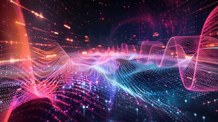 Abstract digital background with glowing data lines and sound waves in the center of an abstract cyberspace landscape. Abstract futuristic design