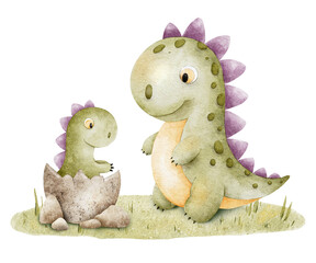 Mommy and baby dinosaurs in egg in meadow. Childish Print with dinos. Isolated hand drawn Watercolor illustration for design kid's goods, cards, scrapbook, office supplies