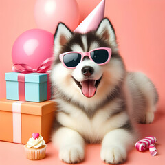 siberian husky cute happy dog wearing party hat and sunglasses on 1 color background