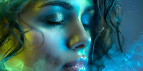 Woman's Face in Colorful Bioluminescent Lights: Portraying Anxiety and Depression. Concept Portrait Photography, Bioluminescent Lights, Woman's Face, Anxiety, Depression