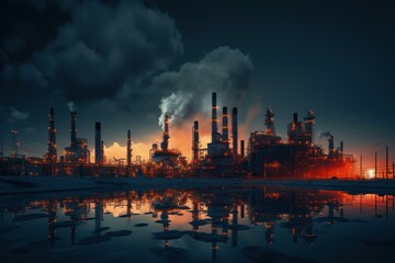 Naklejka premium Panoramic view of a chemical plant with dramatic twilight sky and reflection in wastewater