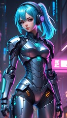 Beautiful cyberpunk anime girl character wearing tech armor