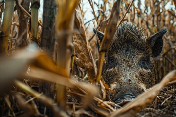 Wild boar peeking through corn stalks