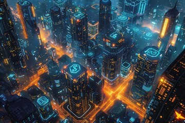 Naklejka premium Futuristic city with currency symbols as buildings, night setting, birds eye view, scifi sketch