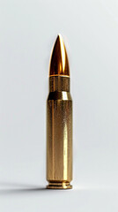 Close-up image of a single bullet standing upright on a plain background, showcasing its metallic finish.