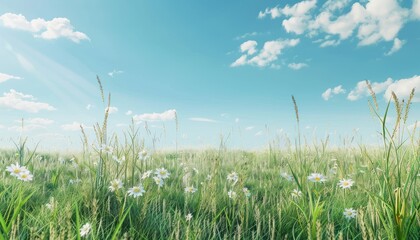 Obraz premium Summer field with tall grasses with flower. Open field with wild flower and butterfly. Sunny day wide blue sky