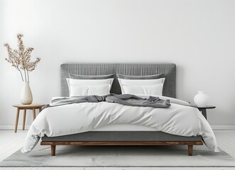 Modern gray bed with white pillows and gray carpet in the bedroom interior