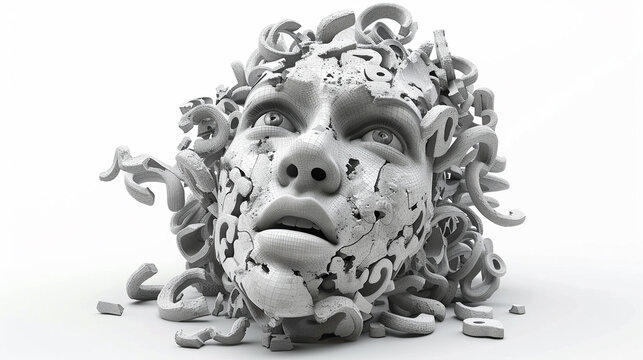 A cracked, surreal face sculpture with intricate details and flowing forms, creating an artistic representation of decay and transformation.
