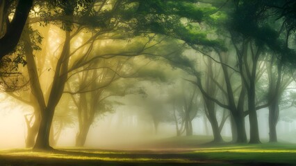 A dense fog rolling through a forest, with light filtering through the trees, giving a sense of calm and mystery to the scene background 