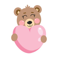 Cute kawaii smiling bear animal holding a pink heart. Little animals in love. Illustration for baby, kids