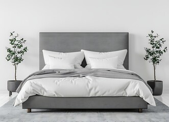 Modern gray bed with white pillows and gray carpet in the bedroom interior